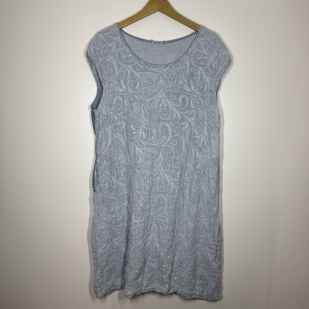 Lina Tomei Linen Dress 2X Embroidered Shift Cap-Sleeve Blue/Grey Italy Coastal